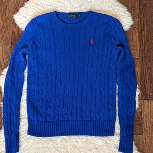 Polo by Ralph Lauren Royal Blue Cable Knit Crewneck Sweater with Red Pony